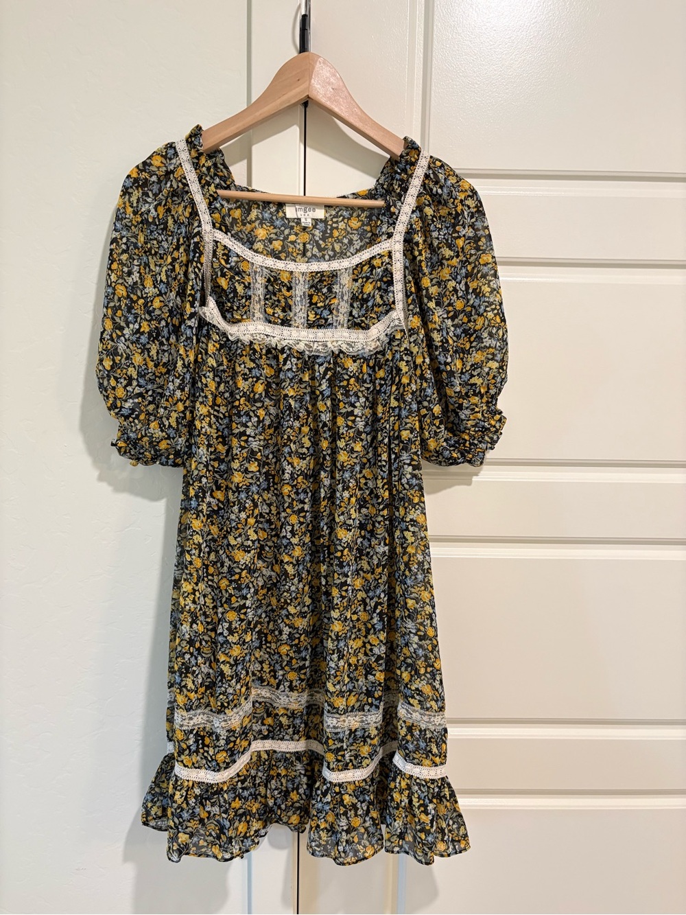 Umgee Cottagecore Peasant Yellow and Blue Floral Square Neck Puff Sleeve Dress